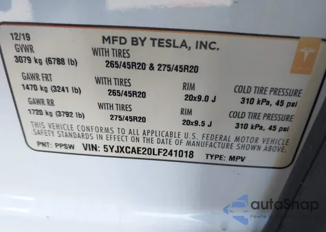 2020 Tesla Model X Long Range Dual Motor All-Wheel Drive/Long Range Plus Dual Motor All-Wheel Drive from USA, damaged, VIN 5YJXCAE20LF241018